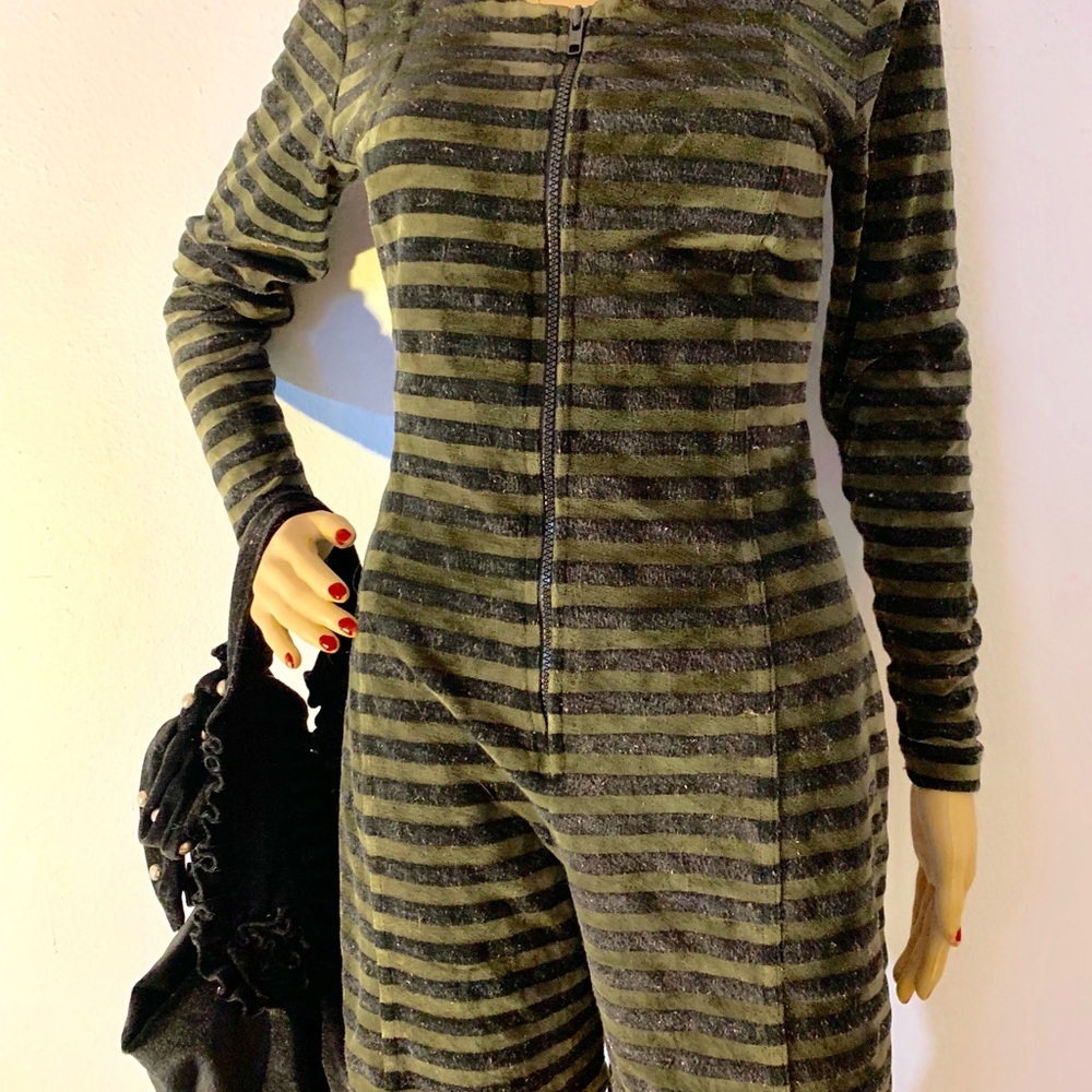 Velvet striped front zipper romper